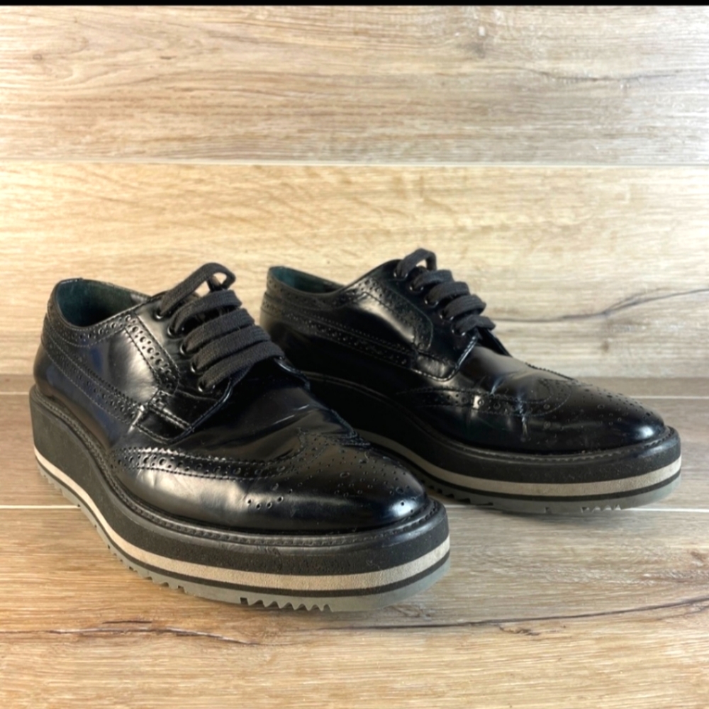 Prada Wingtip Brogue Oxford Platform Black  Patent Leather Shoes Size 38 - Picture 5 of 12